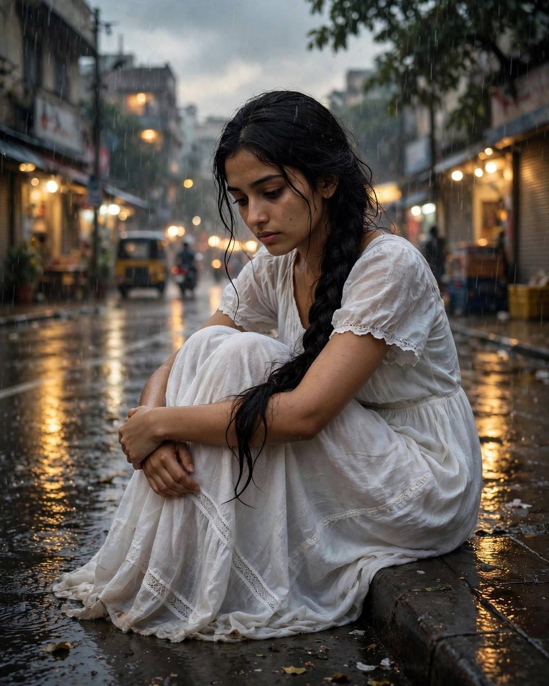 Young Indian woman in a flowing white summer dress with a long braid sitting on a rain-soaked city street kerb at dusk