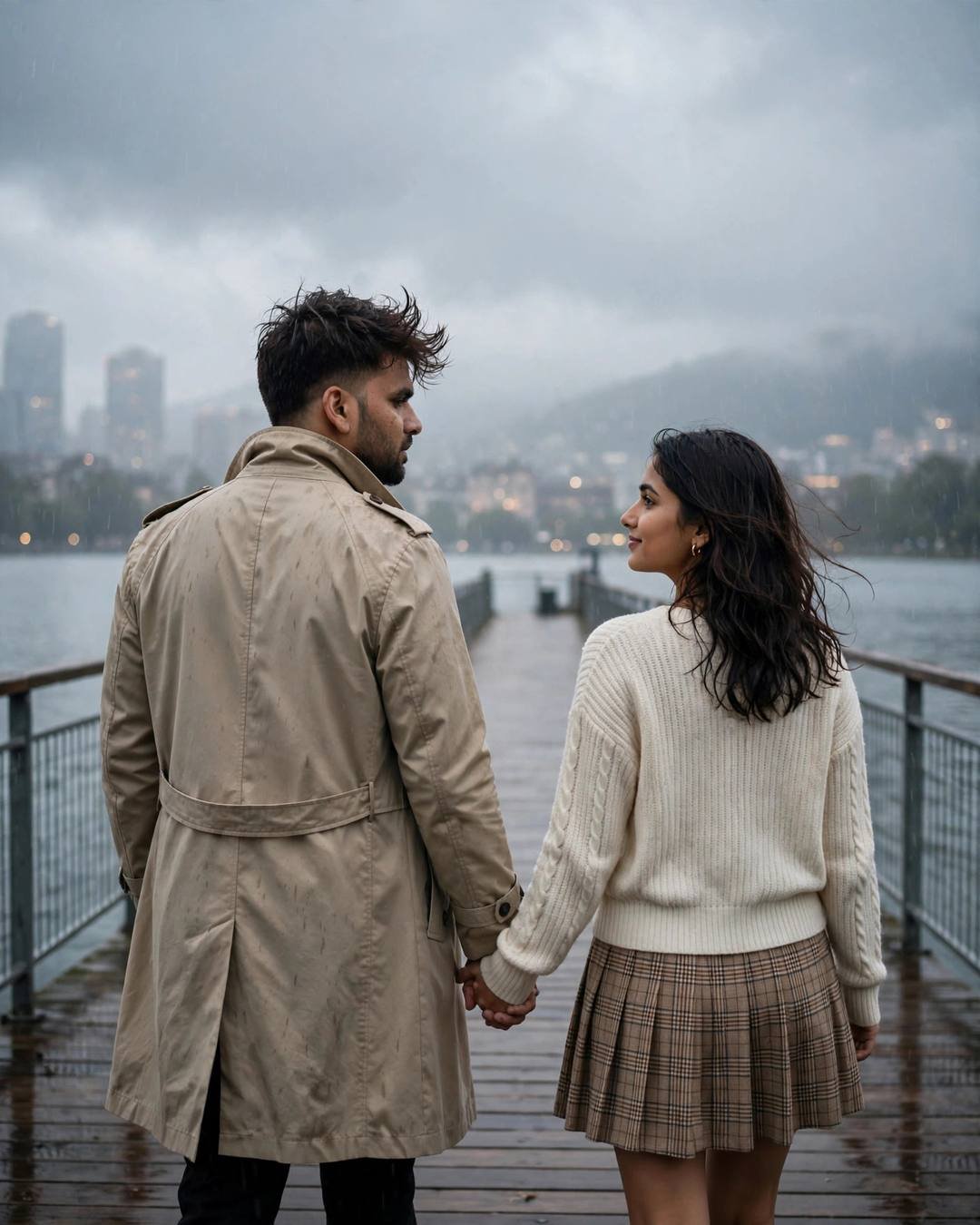Couple walking hand in hand away from the camera down a misty lake pier at dawn, him in beige trench coat
