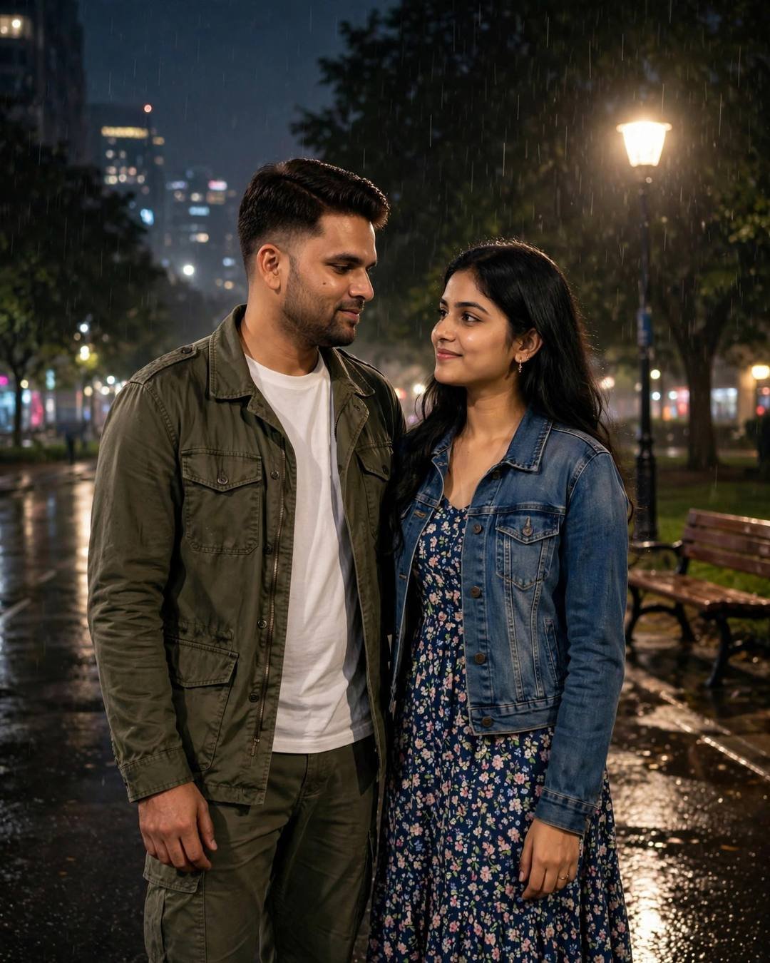 Couple standing close under streetlights in midnight rain, him in olive field jacket, her in denim jacket over floral dress