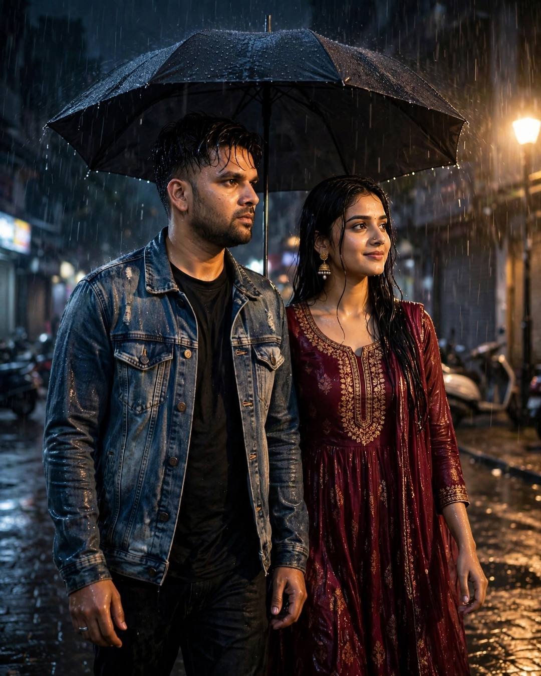 Couple walking under one black umbrella on a rain-soaked city street at midnight, him in denim jacket, her in maroon anarkali