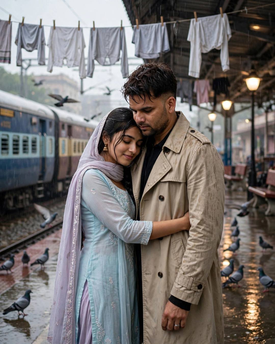 Couple embracing on a rainy railway platform beside a waiting train, him in beige trench coat, her in pastel salwar-kameez