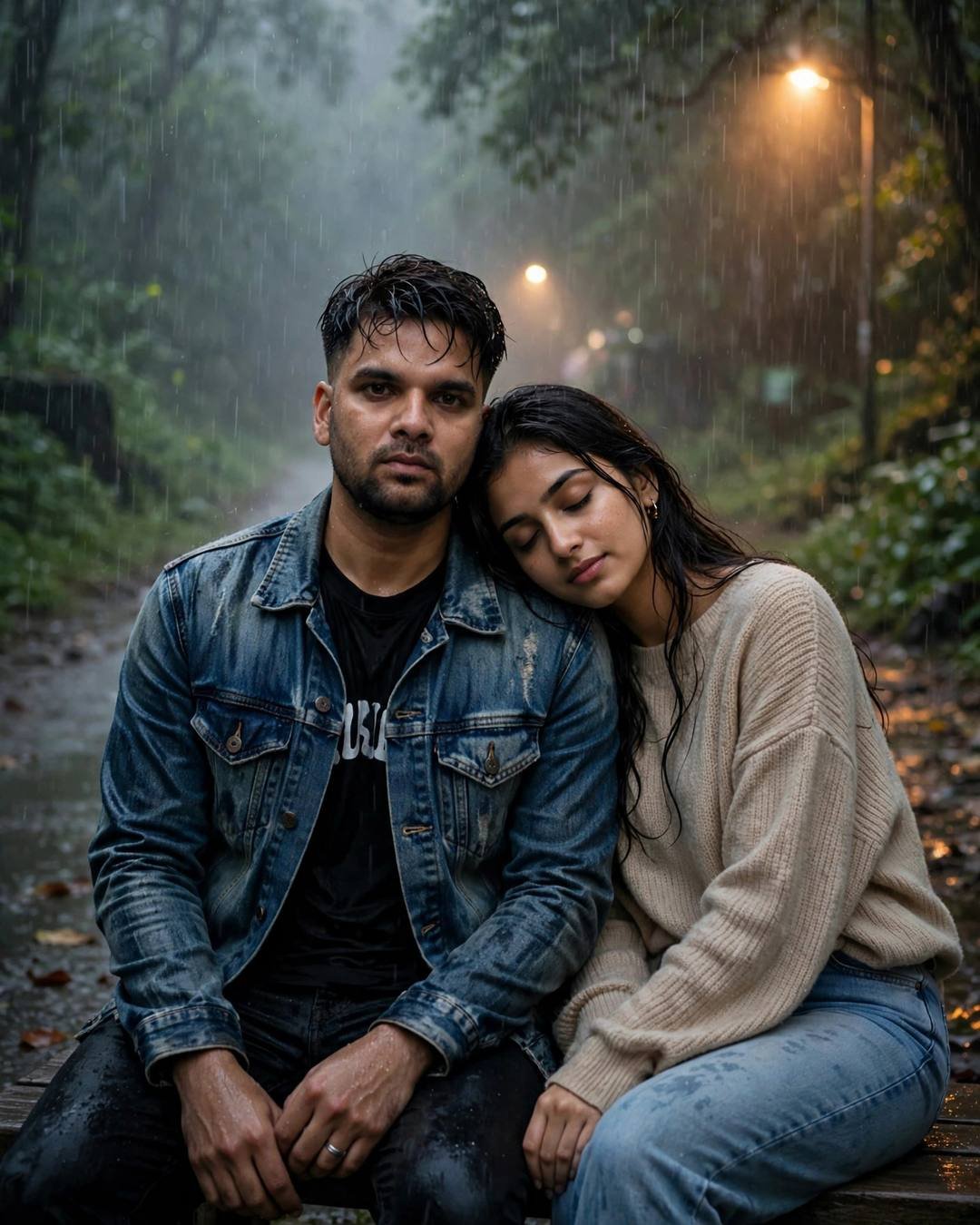 Couple sitting close on a bench on a misty forest path in heavy rain, her head on his shoulder