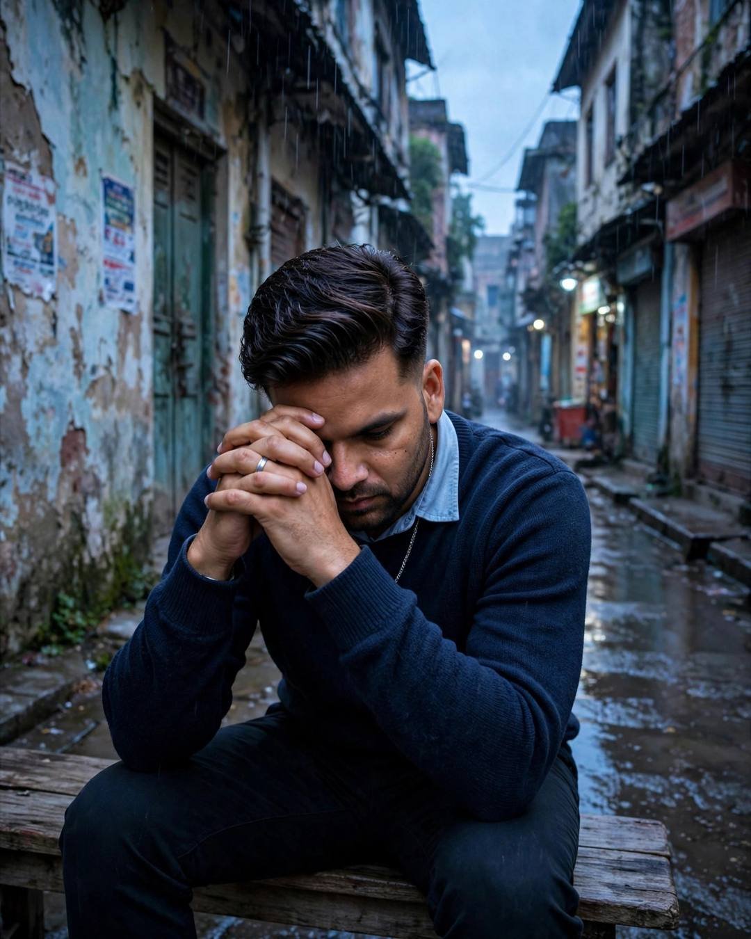 Young Indian man in a navy sweater sitting with head in hands on a bench in a rain-washed old-city lane at blue hour