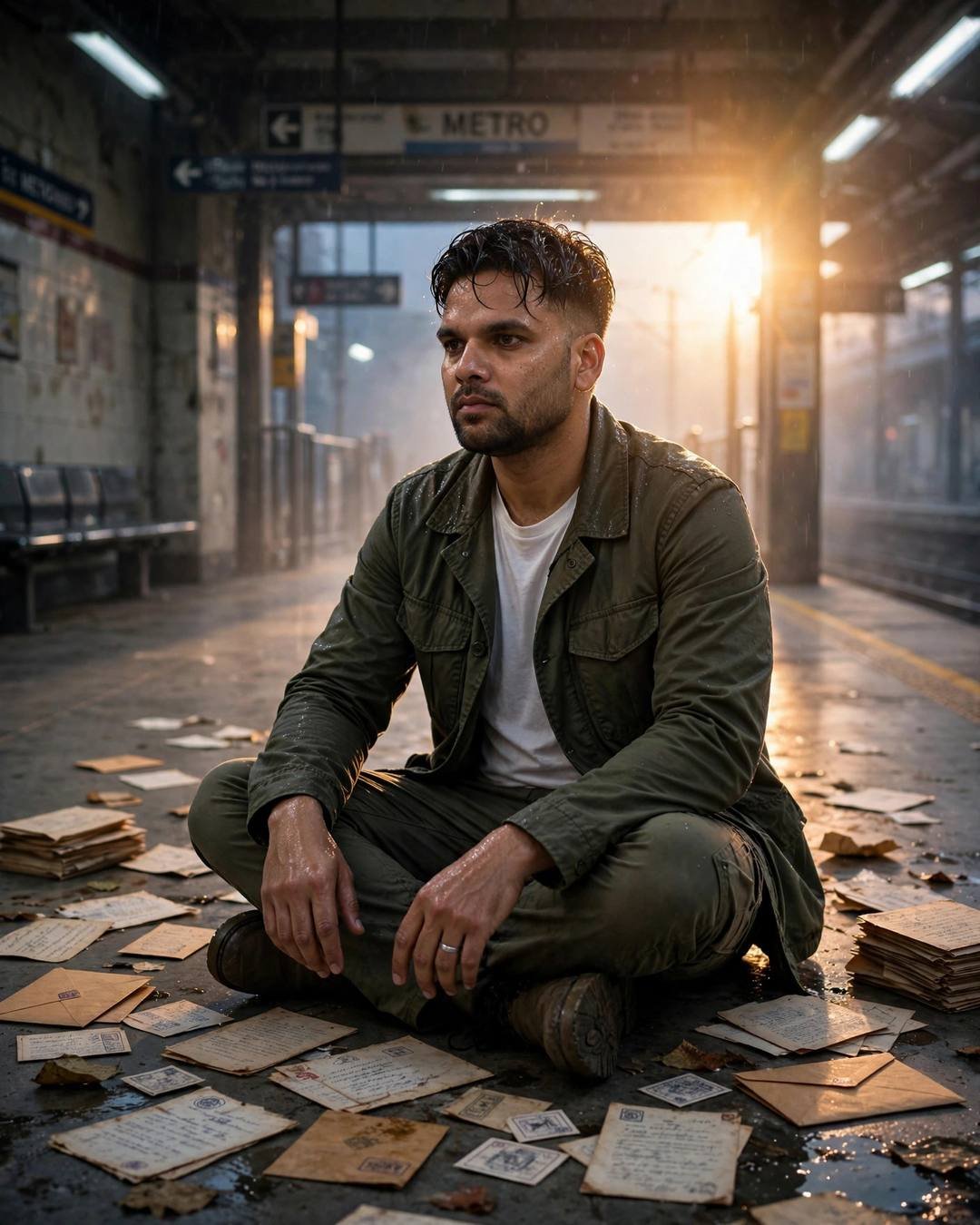 Young Indian man in an olive field jacket sitting among old letters on a metro station floor at midnight, golden backlight