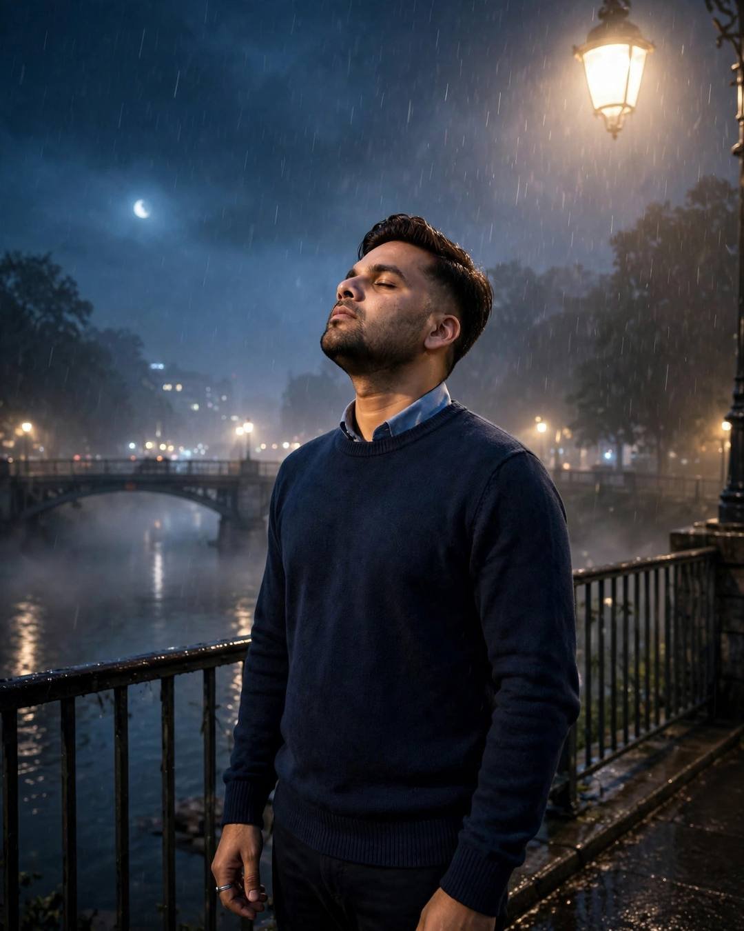 Young Indian man in a navy sweater standing on a bridge over a slow river at midnight, face lifted to the rain