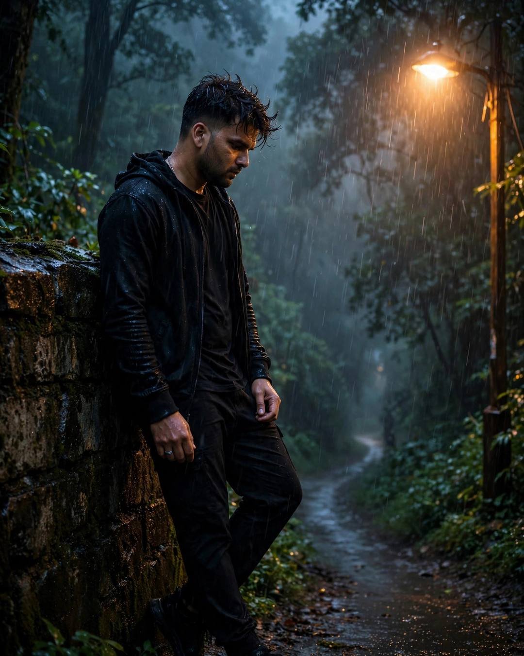 Young Indian man in all-black streetwear leaning against a weathered stone wall in heavy monsoon rain at night