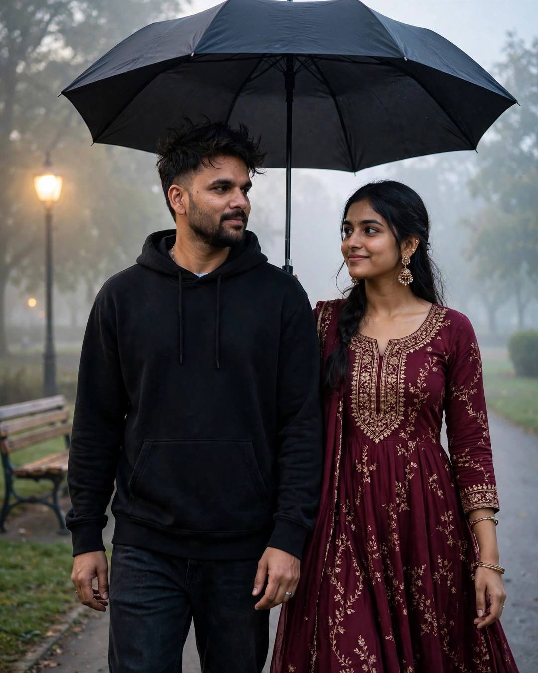 Romantic portrait of a couple sharing one black umbrella, walking shoulder to shoulder past a park bench under a lamp at dawn