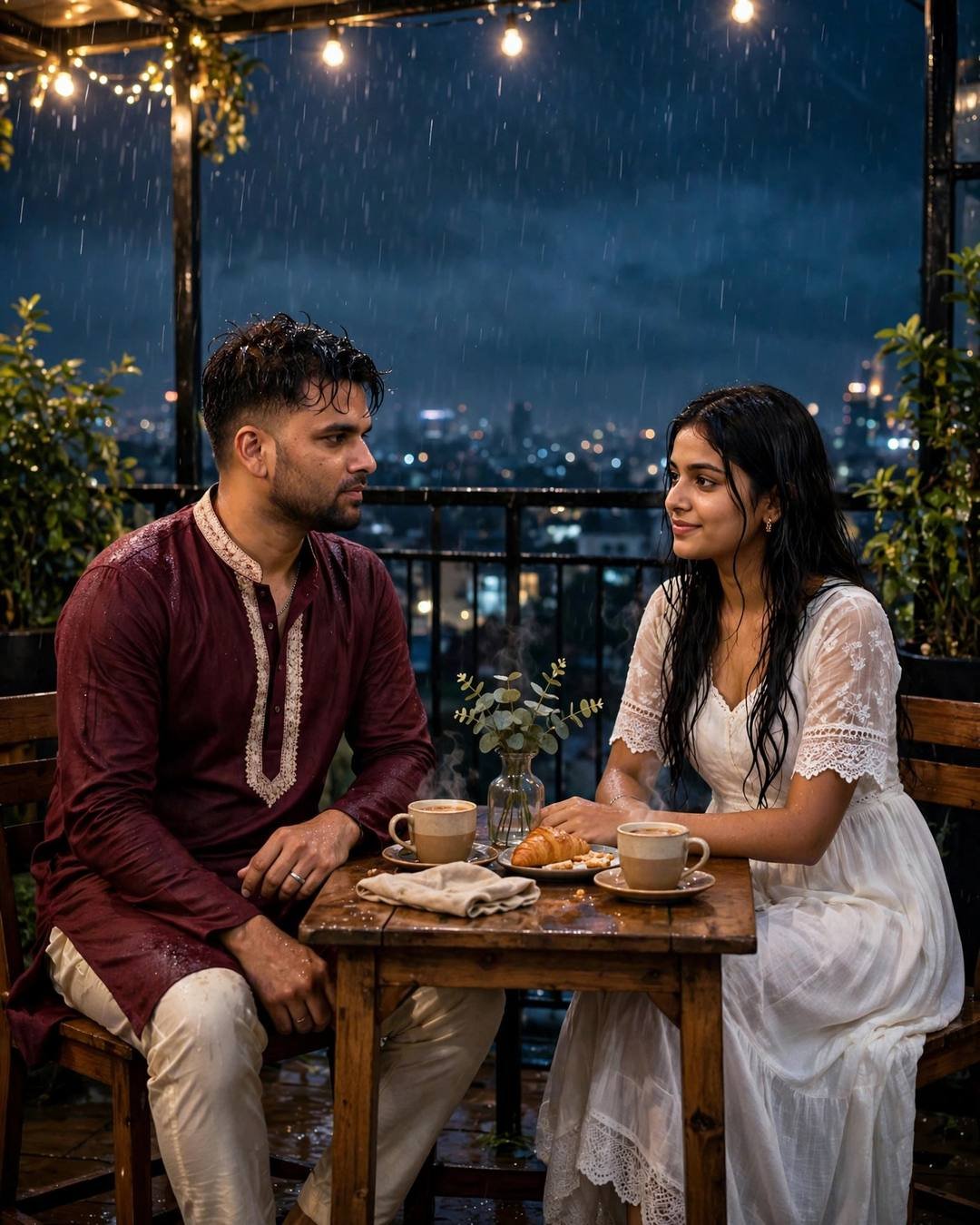 Couple sharing chai at a small rooftop cafe table in the rain at night, city lights glittering behind them