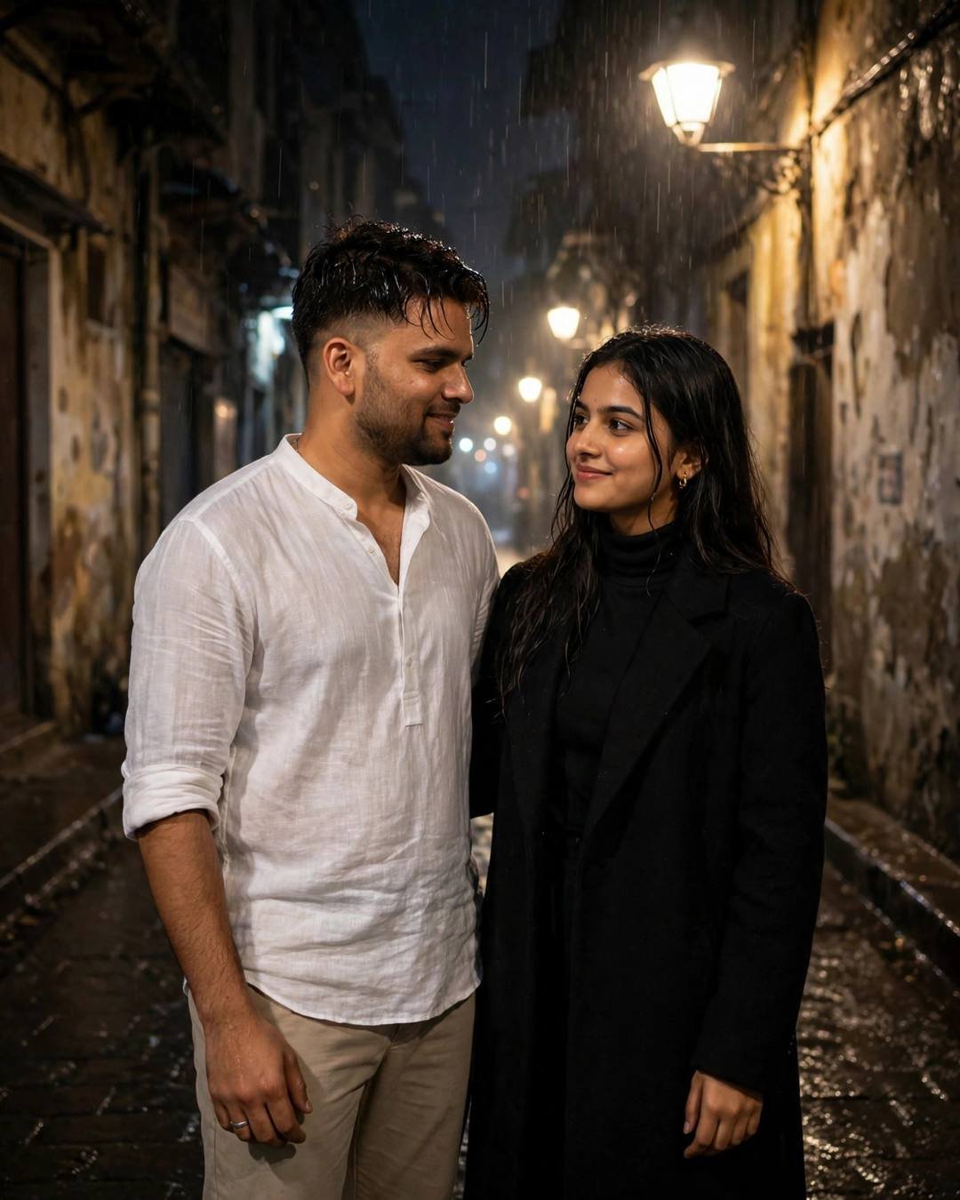 Couple slow dancing in a rain-soaked old-city lane at midnight under a warm streetlamp