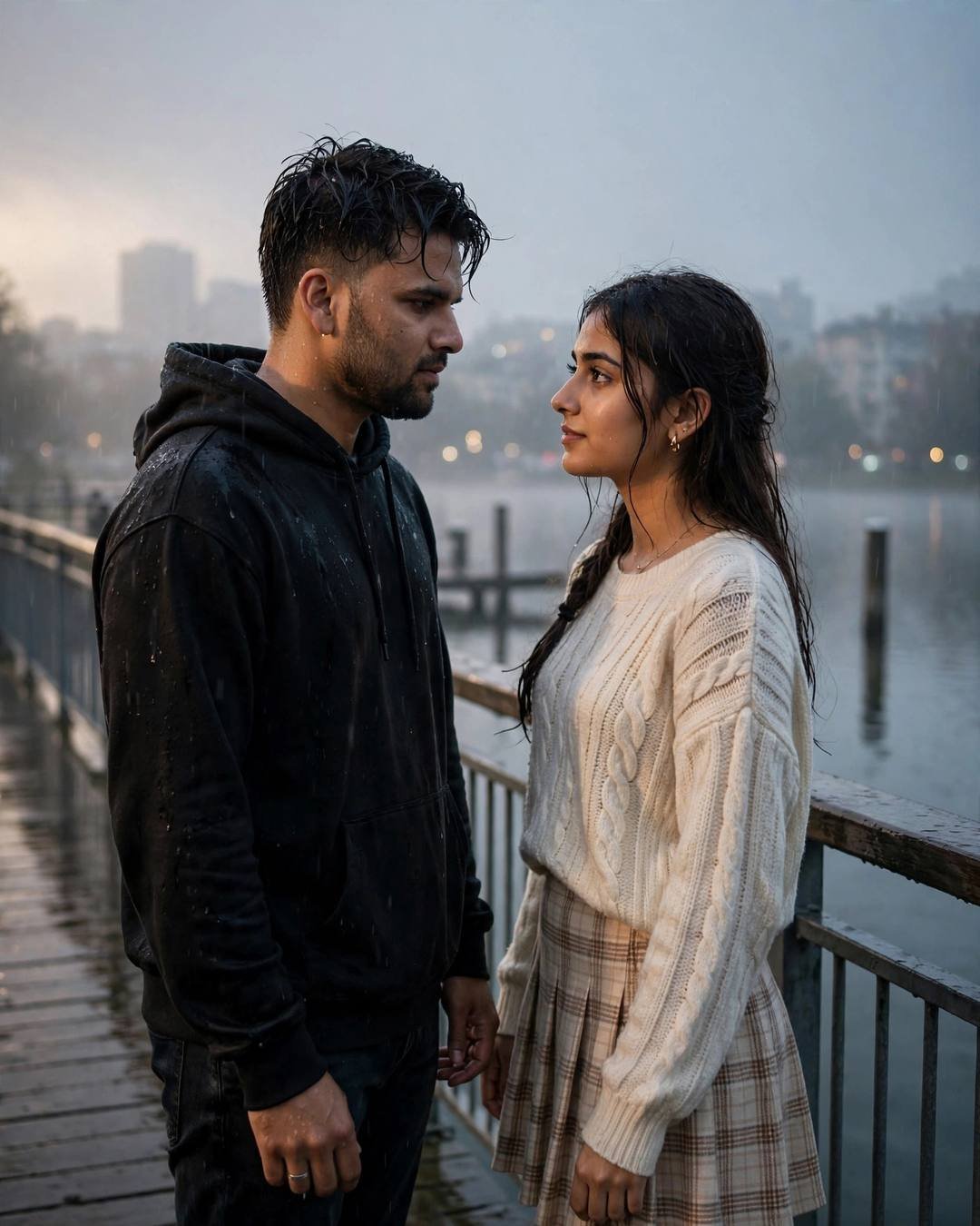Former lovers meeting again face to face on a lake pier at dawn