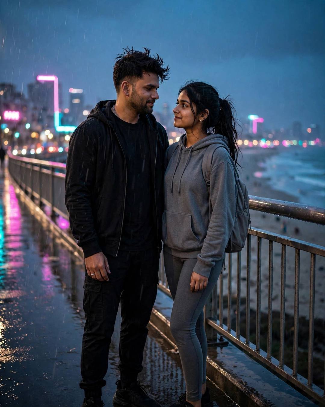 Two people meeting again on a neon-lit beach promenade in light rain at night