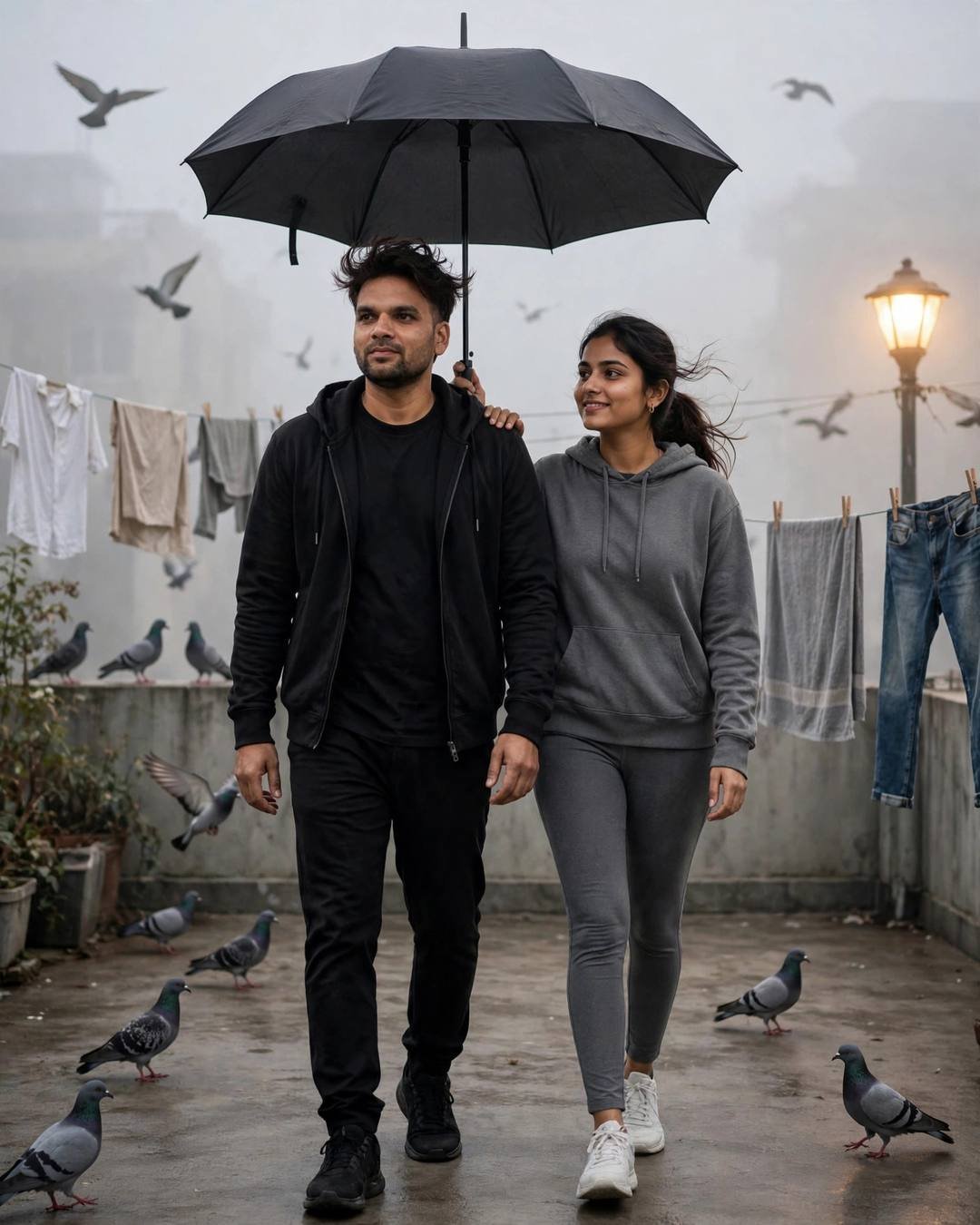 Two people sharing one umbrella on a foggy rooftop with pigeons and laundry lines at dawn