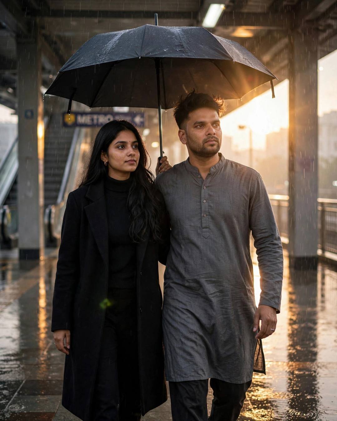 Two people meeting unexpectedly at a rain-washed metro station at golden hour