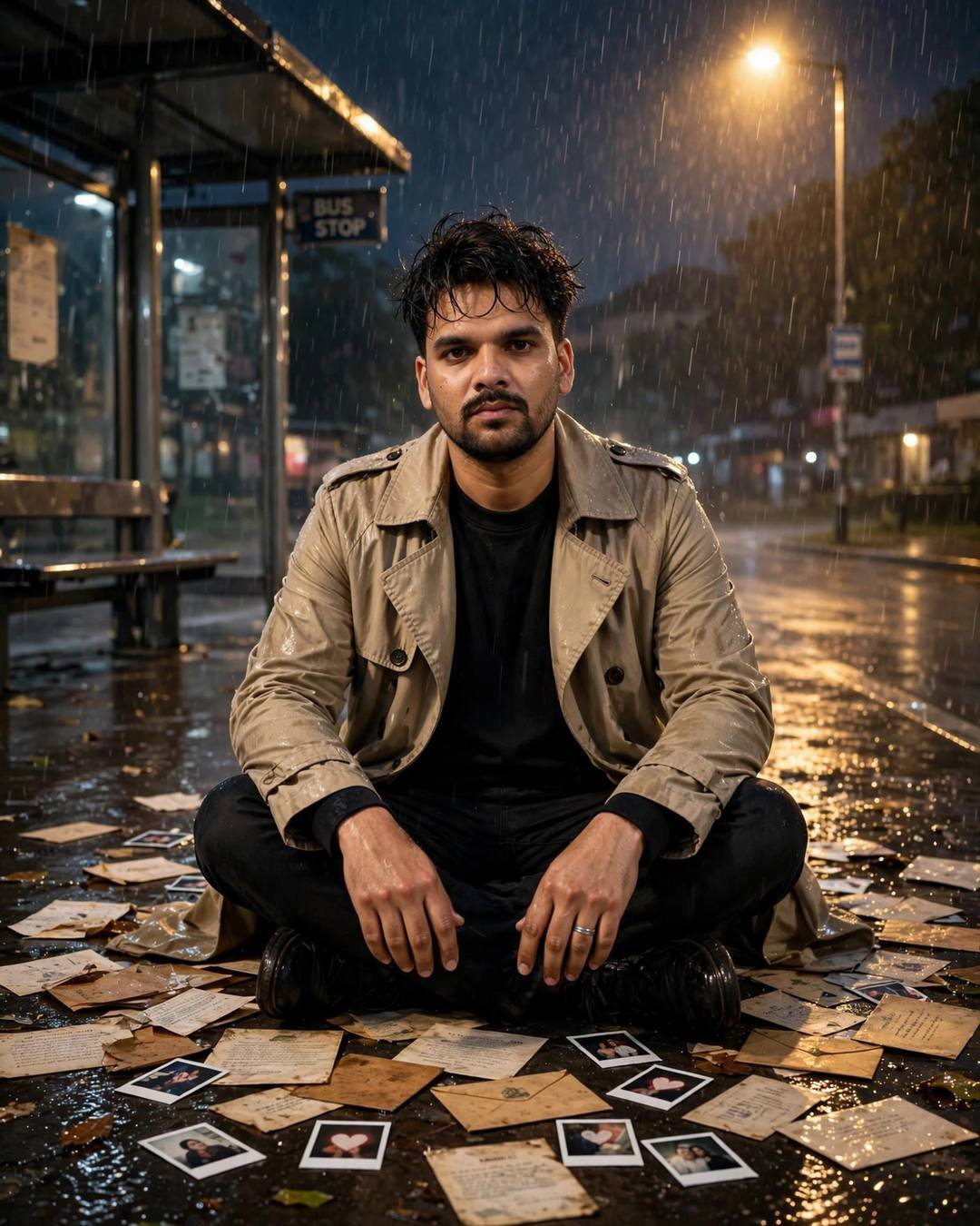Man in a trench coat among rain-soaked letters at a night bus stop, discovering an old pencil sketch