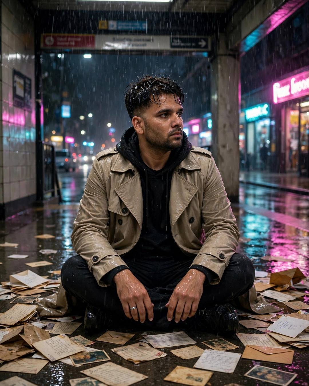 Young Indian man in a beige trench coat sitting cross-legged among old letters on a wet metro station floor at night, neon reflections