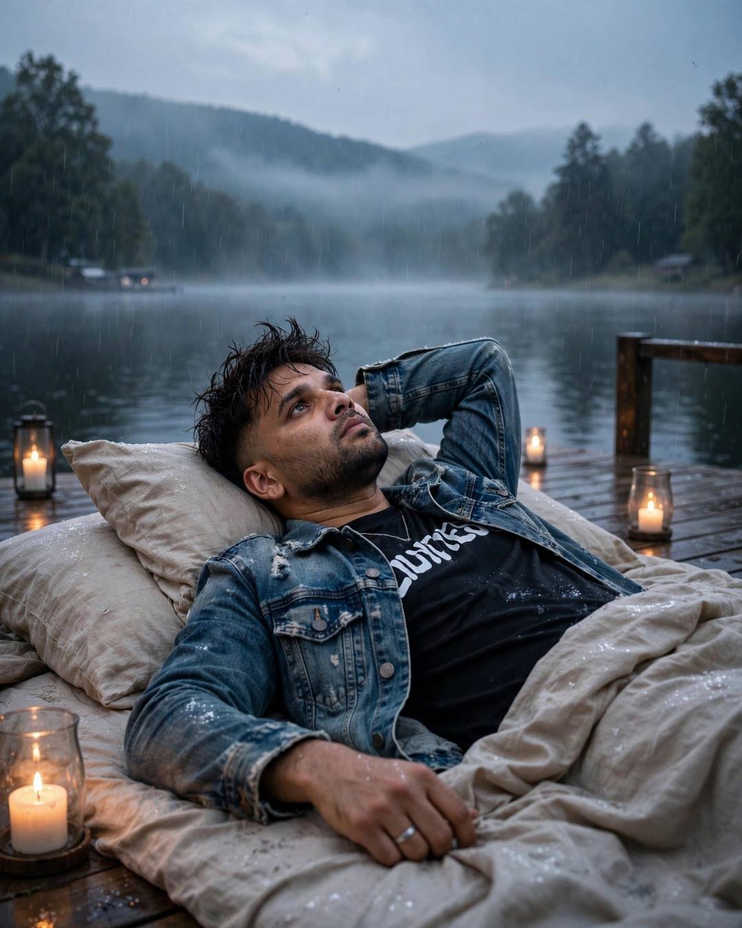 Young Indian man in a denim jacket lying on a candlelit bed at a misty lake pier at dawn, light rain