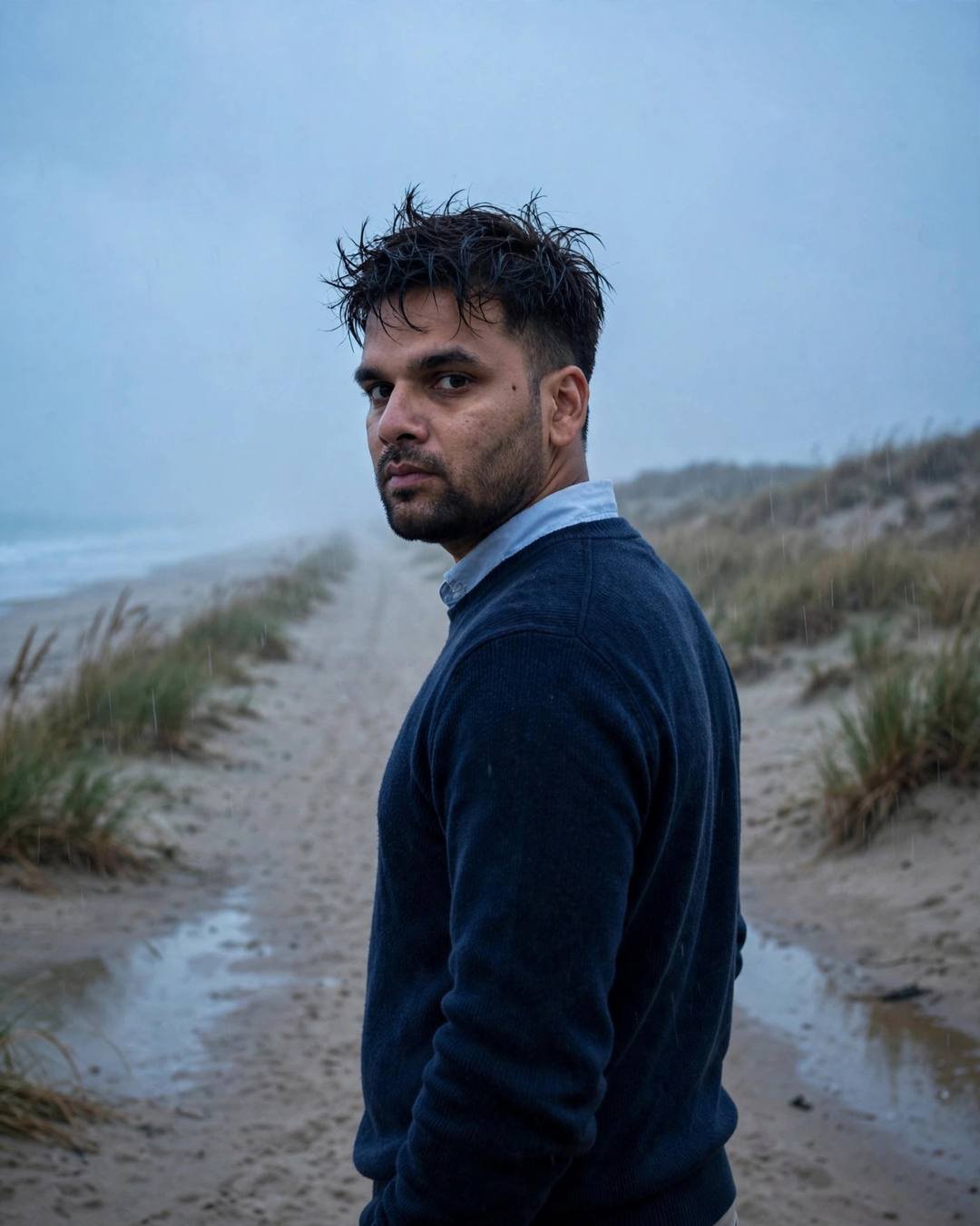 Young Indian man in a navy sweater looking back over his shoulder on a misty beach path in blue-hour rain