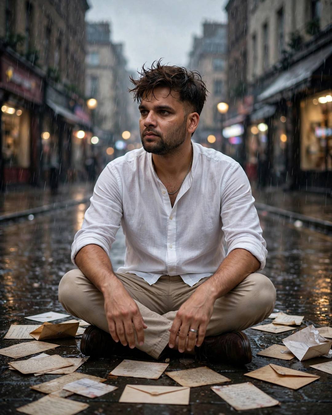 Young Indian man in a white linen shirt sitting cross-legged among old letters on a rain-soaked street