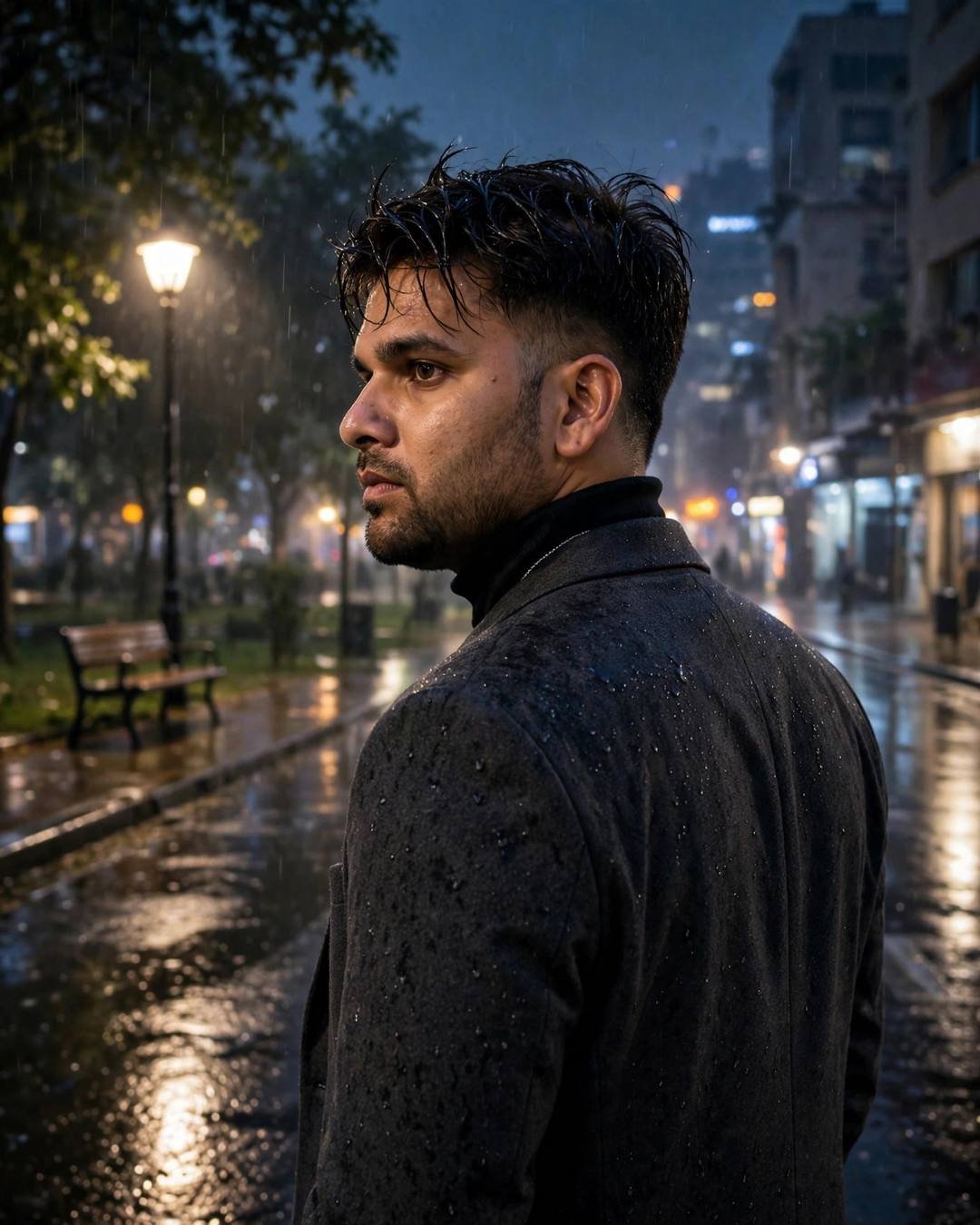 Young Indian man in a charcoal blazer looking over his shoulder at an empty park bench under a lone lamp in midnight rain