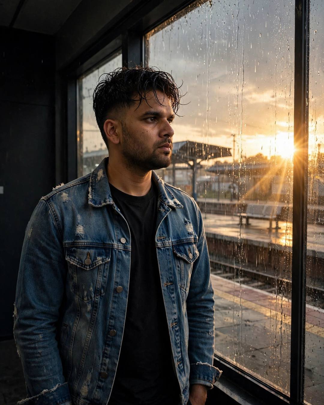 Man with one hand on a rain-streaked window at a railway station at dusk
