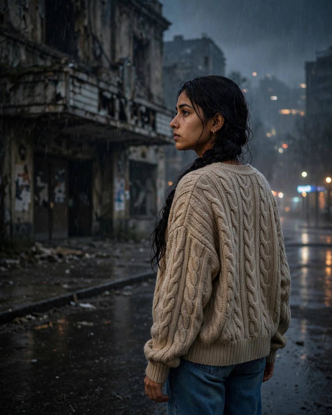 Woman in an oversized sweater looking back over her shoulder at a ruined cinema in the rain
