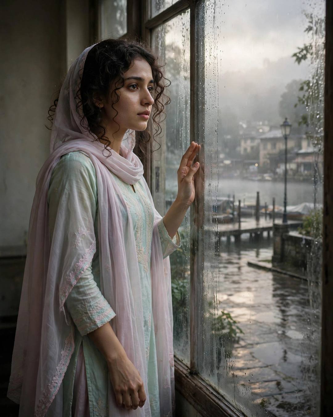 Woman in a pastel salwar-kameez at a rain-streaked window overlooking a lake pier