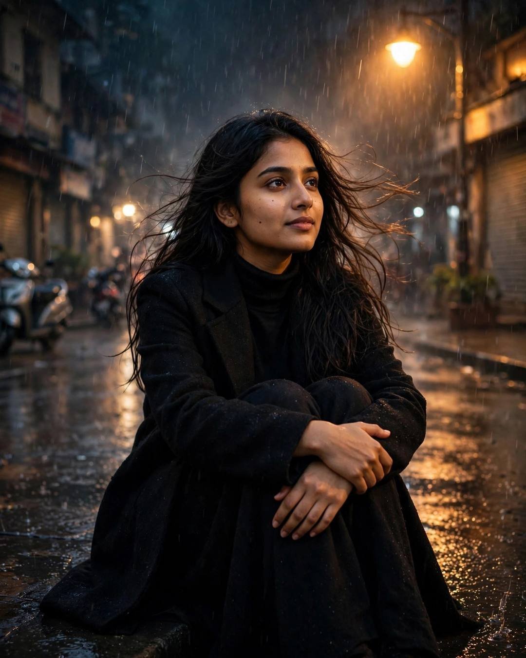 Woman sitting with knees drawn up on a rainy street under a streetlamp at midnight