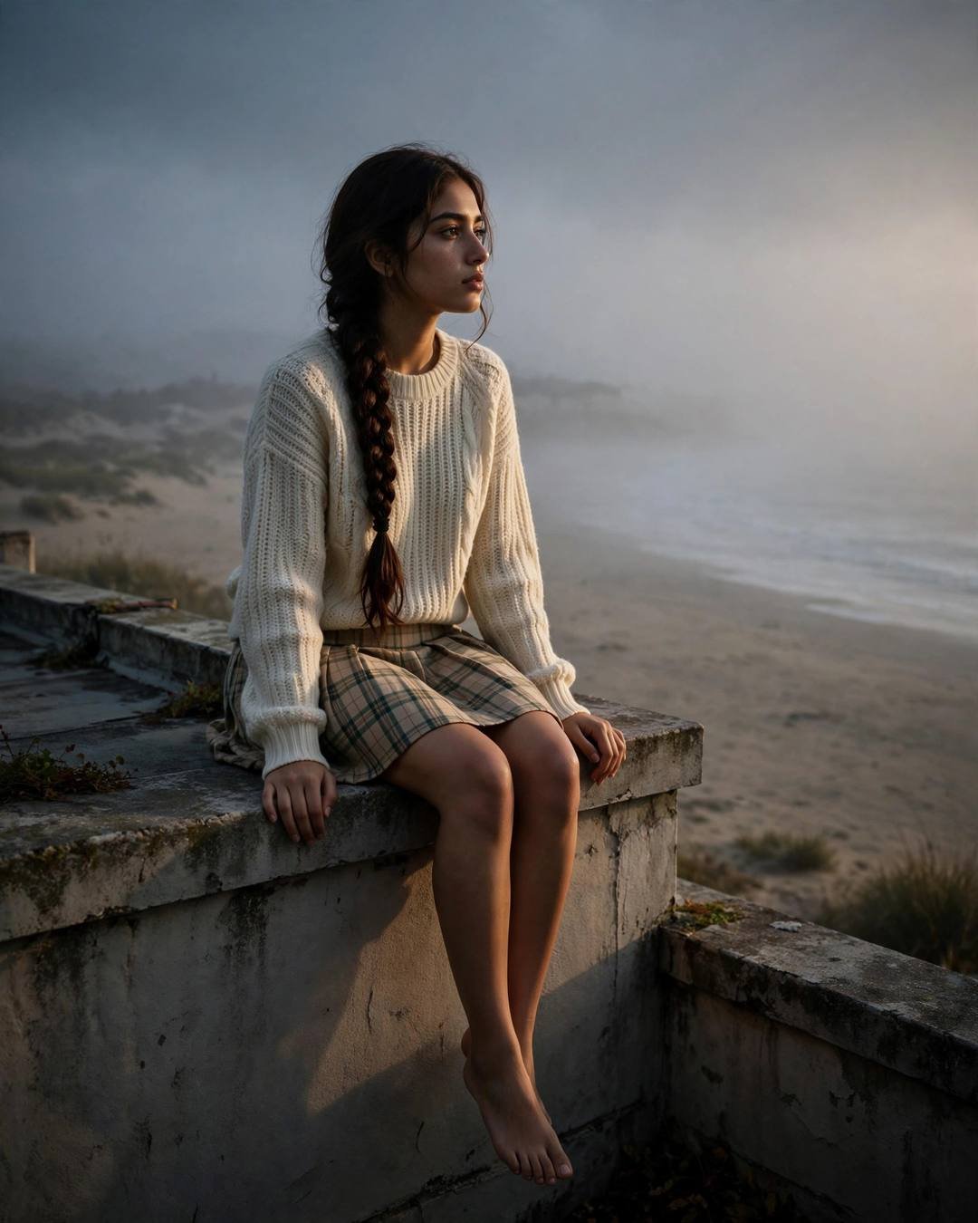 Woman sitting on a ledge by a foggy beach at dusk, legs dangling
