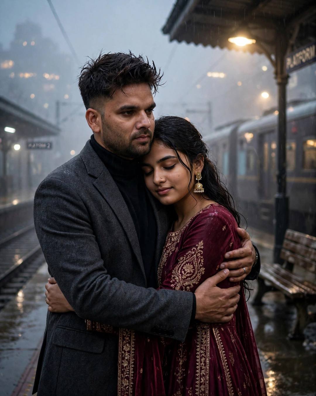 Young Indian couple embracing on a rainy railway platform at dawn, man in charcoal blazer and woman in maroon anarkali with jhumkas