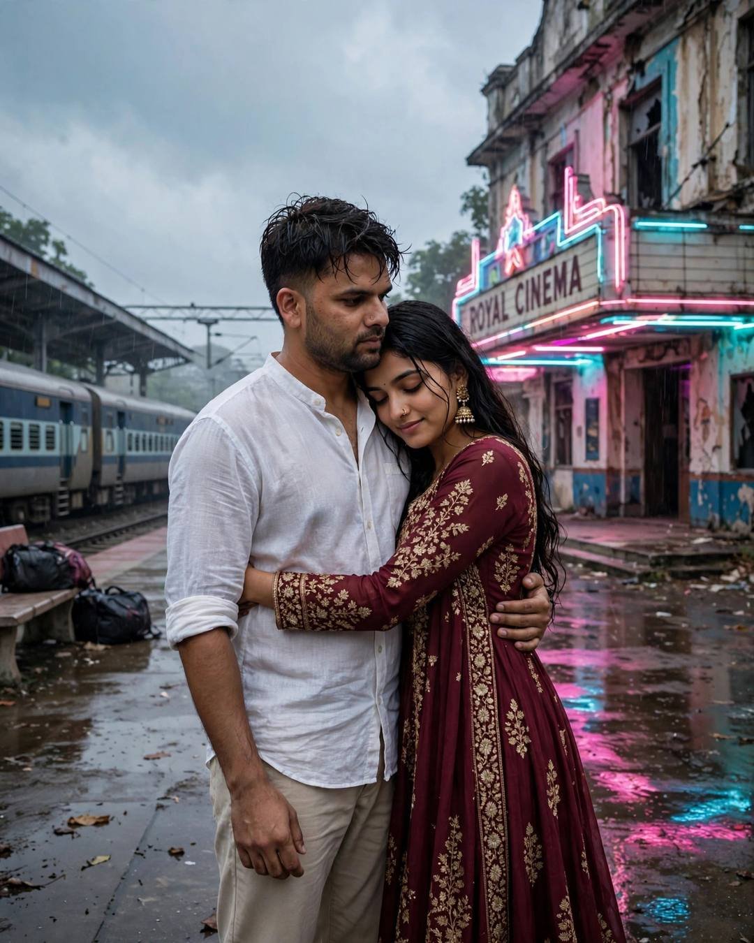 Young Indian couple embracing on a rainy railway platform next to an abandoned cinema hall with pink and cyan neon signage