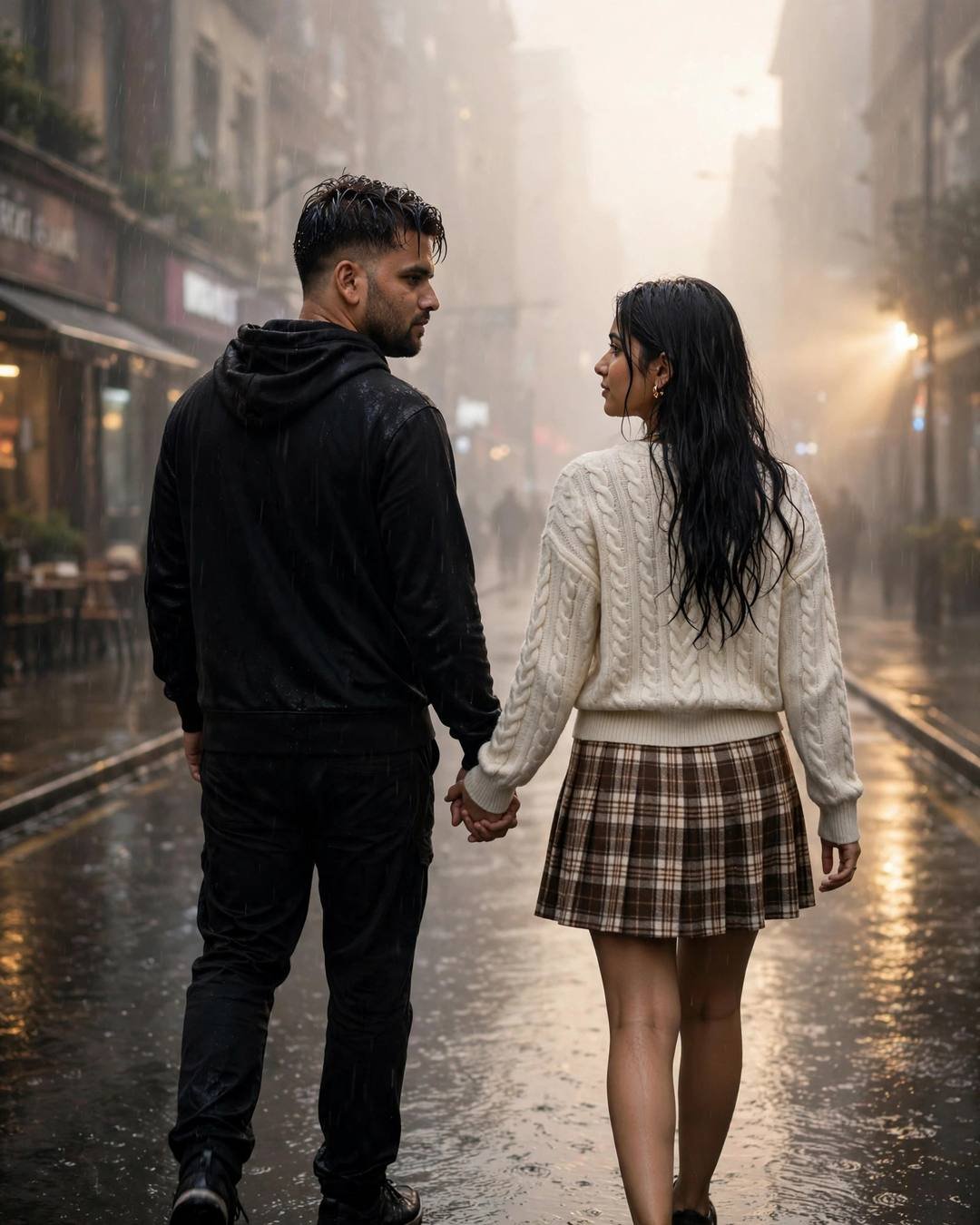 Young Indian couple walking hand in hand away from the camera down a rainy foggy city street at dawn, man in black streetwear, woman in cream knit and plaid skirt