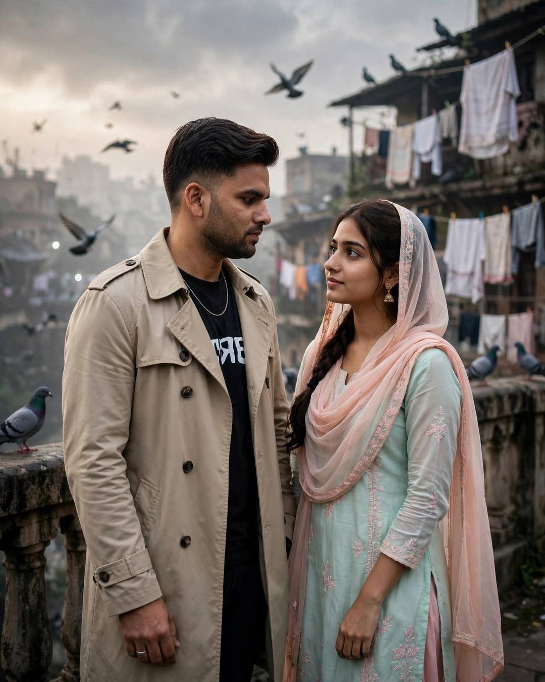 Young Indian couple looking at each other on a bridge terrace with pigeons and drying clothes lines, man in beige trench coat, woman in pastel salwar-kameez