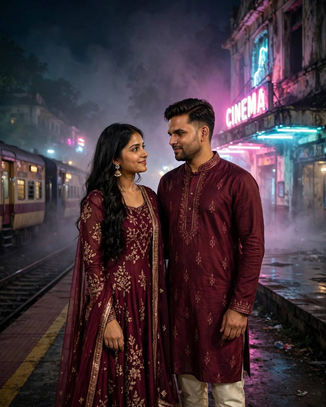 Couple in matching maroon ethnic wear standing on a foggy platform under a neon cinema sign at night