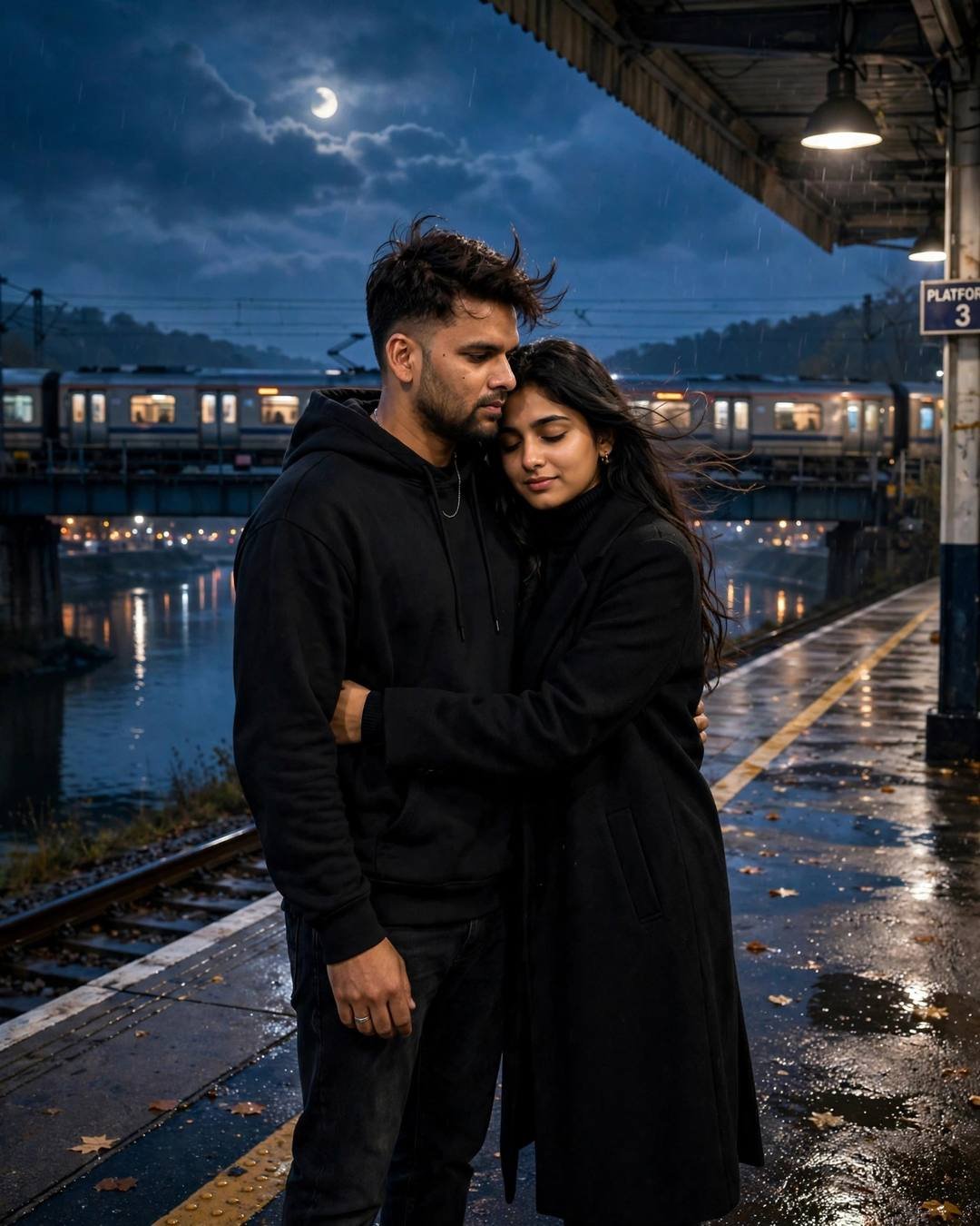 Couple embracing forehead to forehead on a moonlit railway platform beside a waiting train