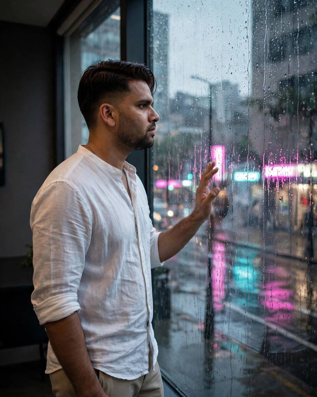 Man in white linen shirt with hand on a rain-streaked window, neon pink and cyan city glowing outside
