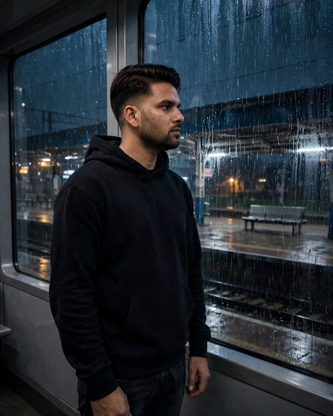 Man in black hoodie gazing through a rain-streaked train window at an empty night platform