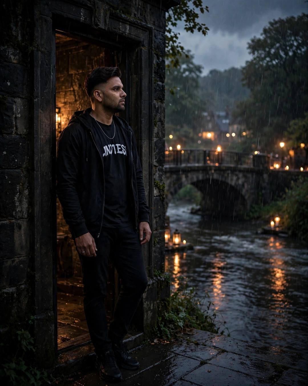 Man in all-black streetwear standing in a stone doorway half in shadow, lantern-lit river bridge behind in the rain