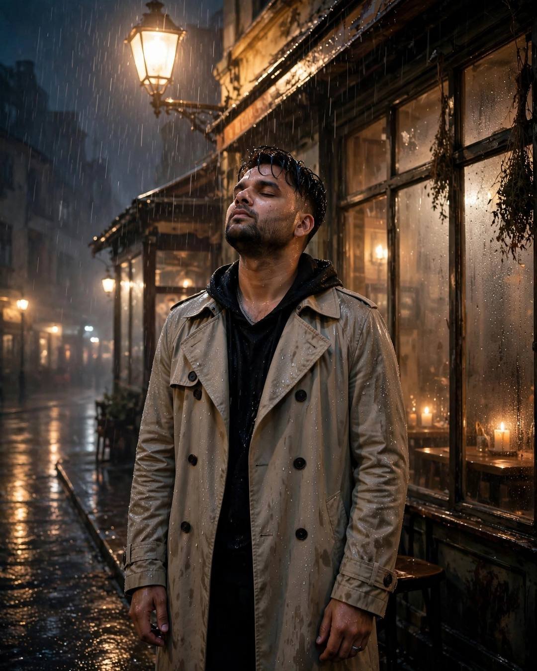 Young Indian man in beige trench coat standing under a streetlamp in the rain at night, face lifted to the sky outside a cafe with fogged windows