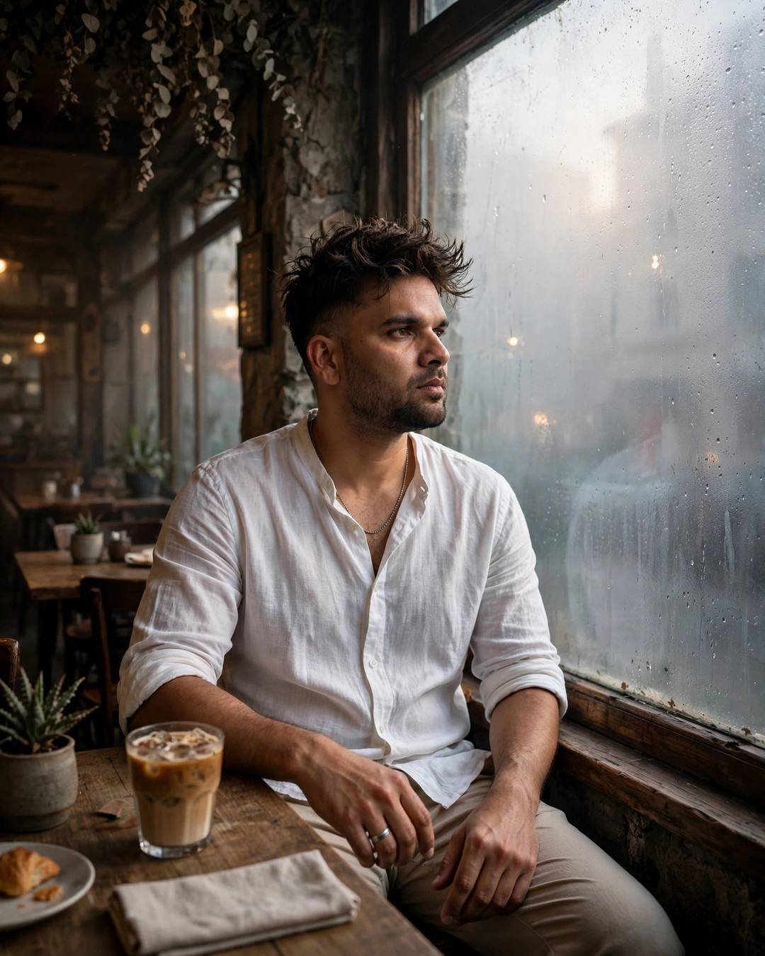 Young Indian man in white linen shirt sitting at a cafe table beside a fogged window with an iced coffee, golden light in the fog