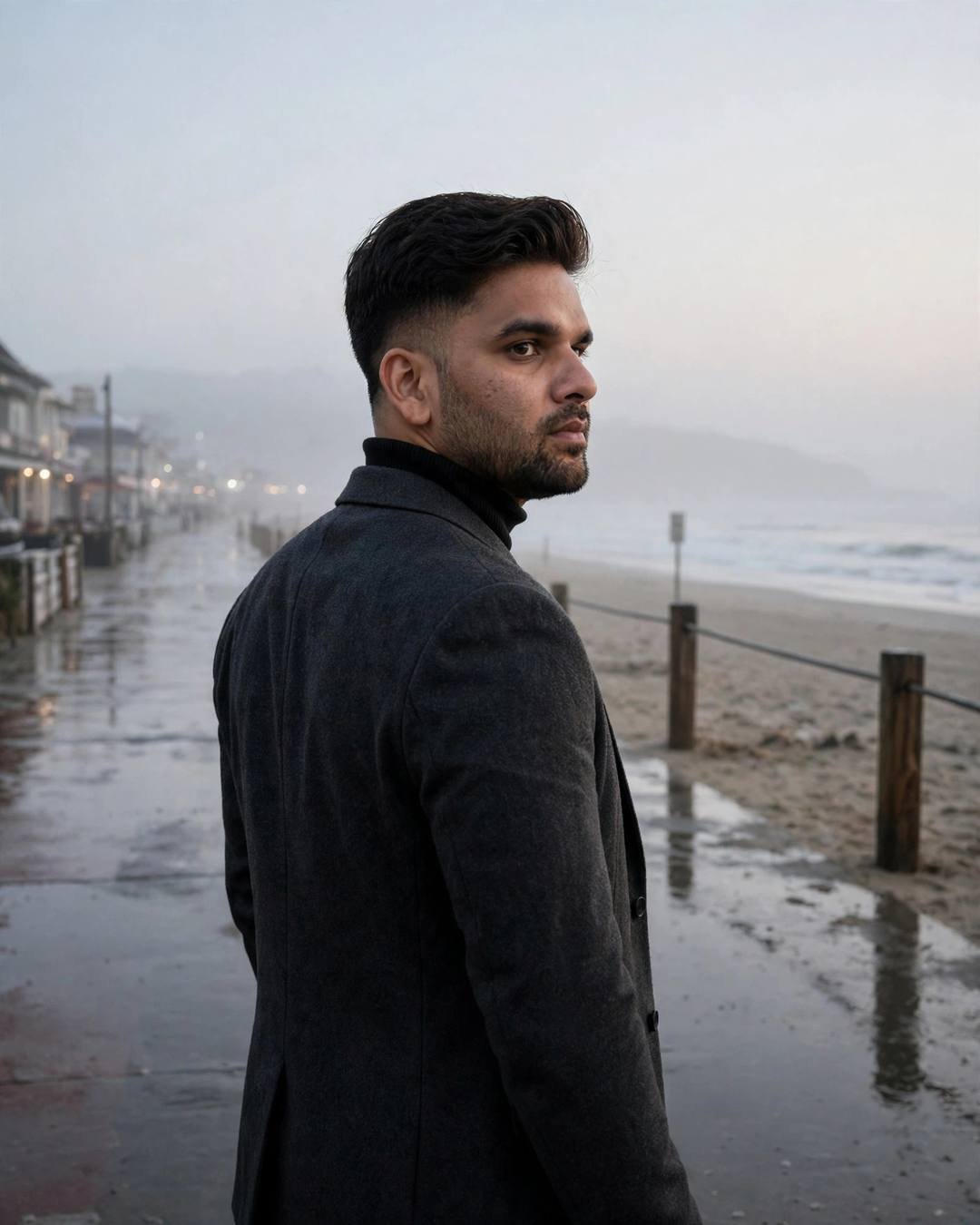 Young Indian man in charcoal blazer and black turtleneck looking back over his shoulder on a foggy beach promenade at dusk
