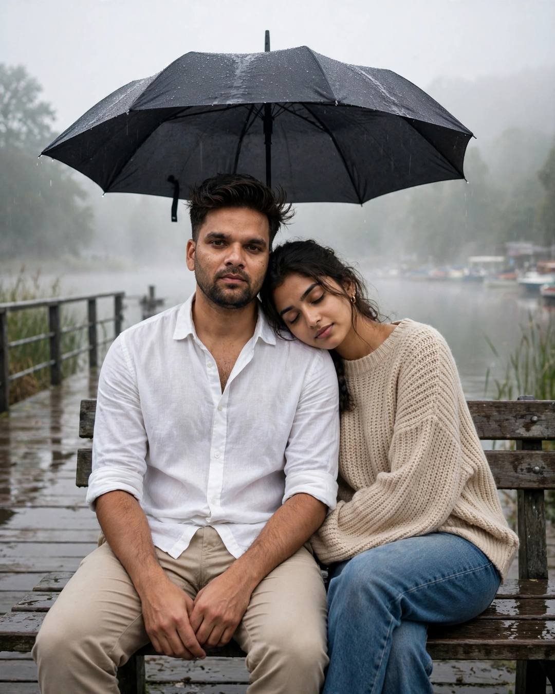 Couple sitting close on a bench at a misty lake pier, her head resting on his shoulder under an umbrella