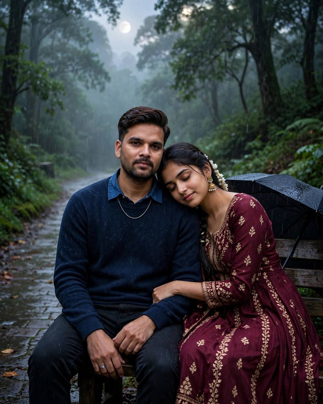 Couple on a bench on a misty forest path, woman in maroon anarkali resting her head on his shoulder