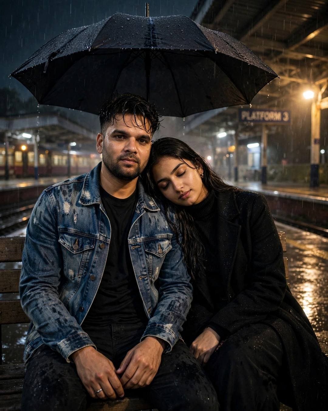 Couple sharing an umbrella on a rainy railway platform at night, her head on his shoulder