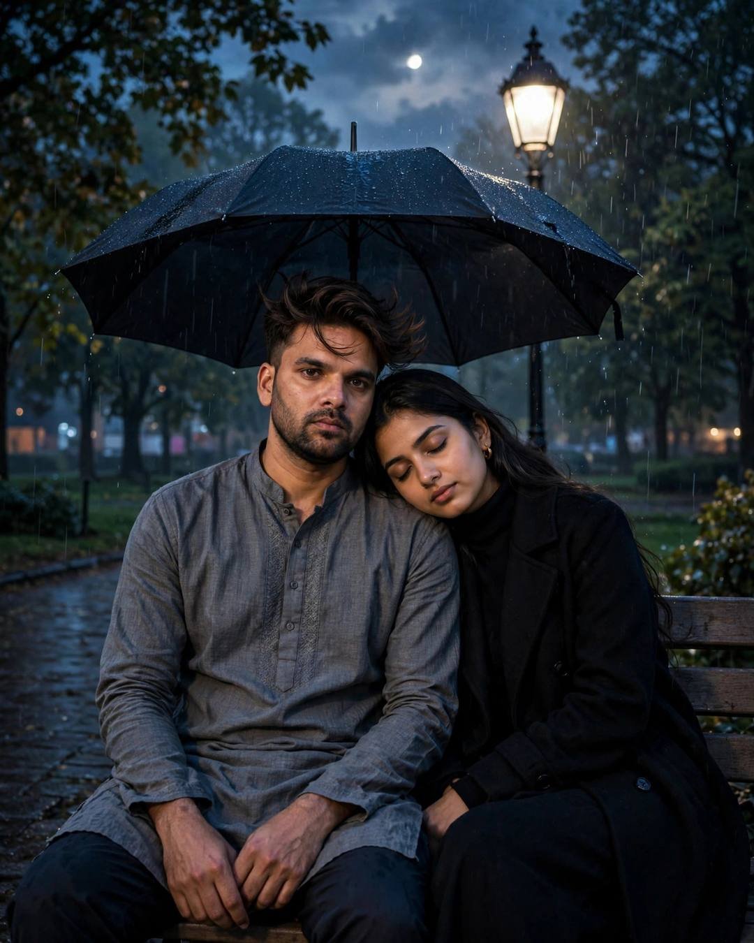 Couple on a park bench under a lone lamp at blue hour, sharing an umbrella in the drizzle