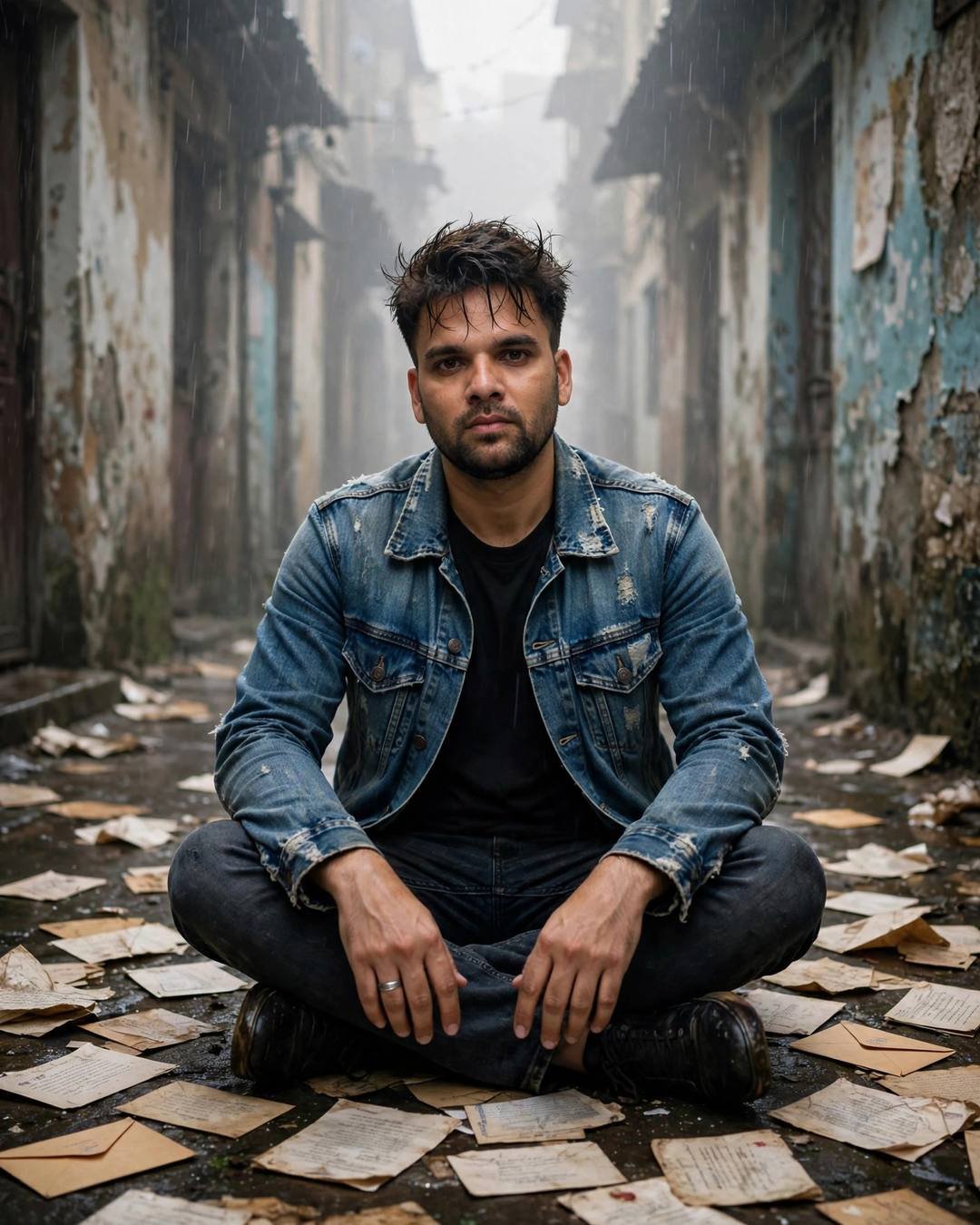 Young Indian man sitting cross-legged in a rainy old-city lane surrounded by old letters