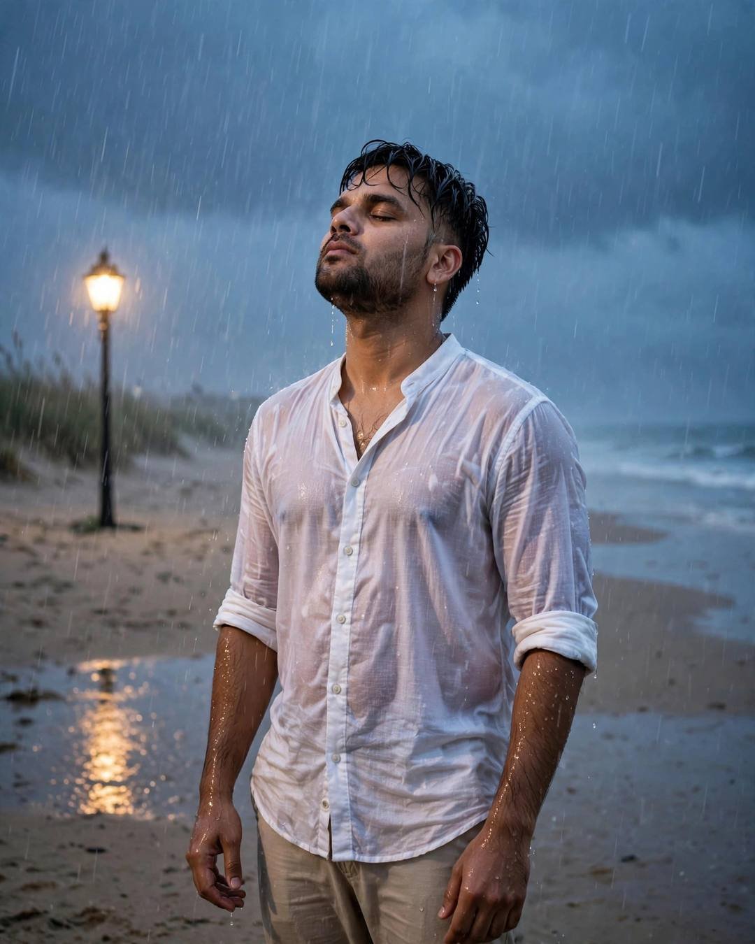 Young Indian man in a drenched white linen shirt standing in heavy rain on a beach at blue hour