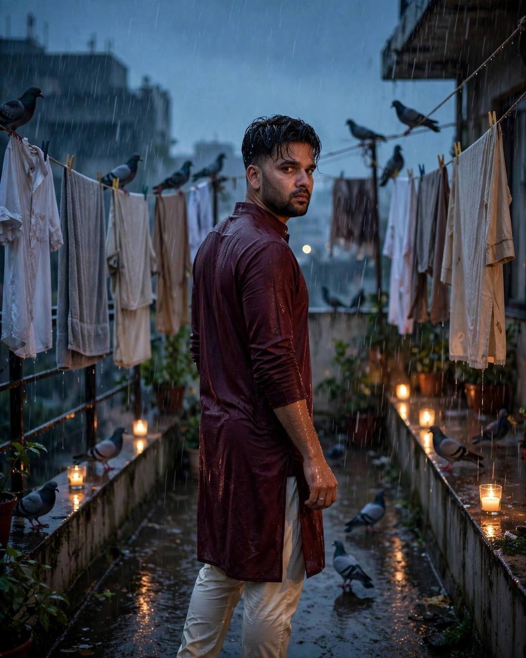 Young Indian man in a maroon kurta walking through a rainy rooftop terrace with clothes lines and pigeons