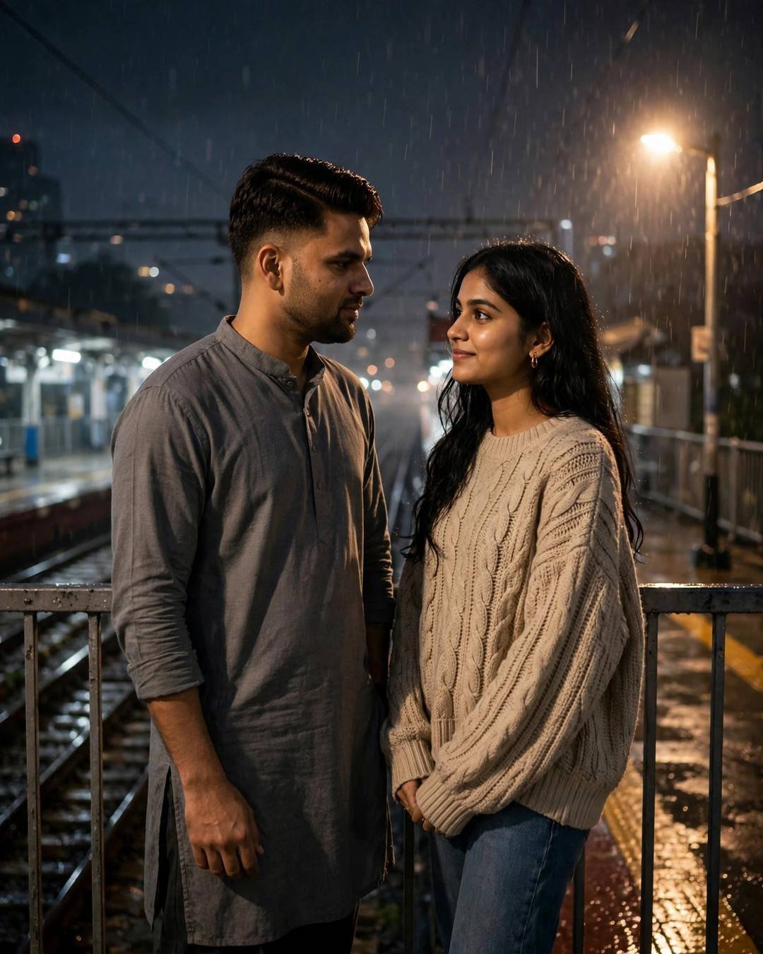 Couple reunited on a rainy railway platform at night, lit by a single warm lamp
