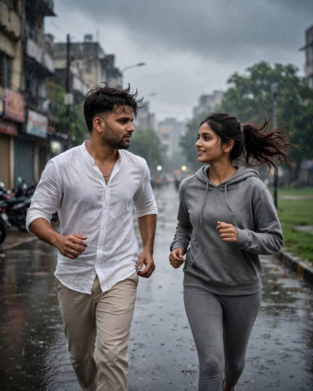 Couple running toward each other on a rain-soaked street — man in white linen shirt, woman in grey hoodie laughing