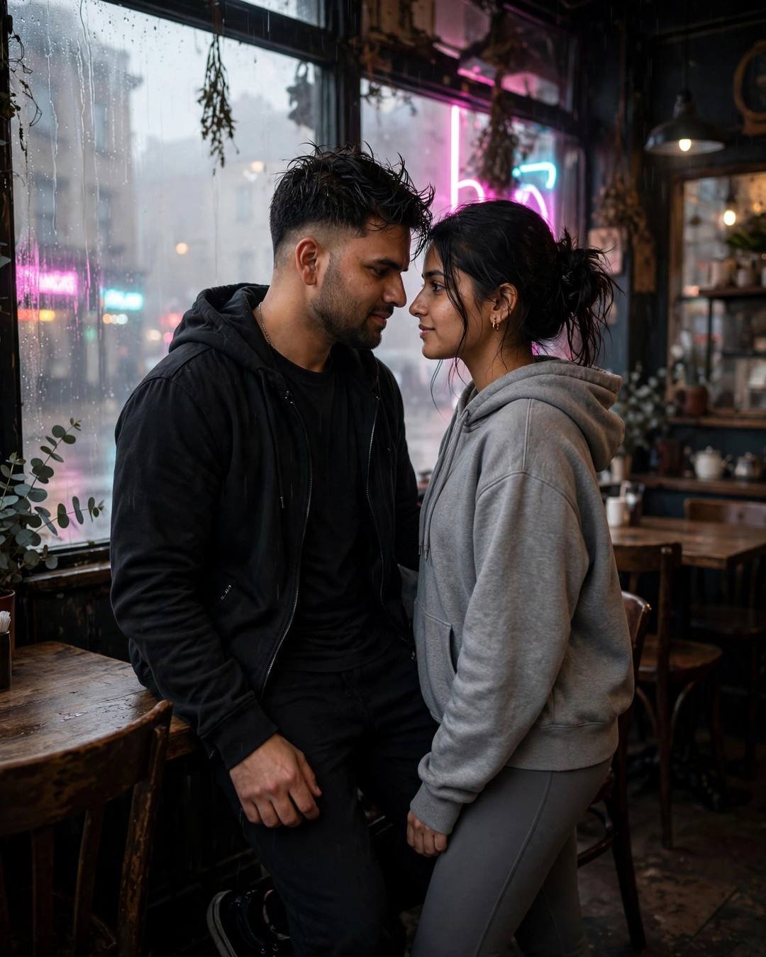 Couple with foreheads almost touching in an old cafe — man in black streetwear, woman in grey hoodie, neon glow through fogged window